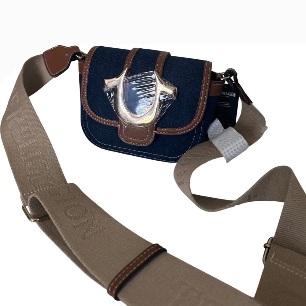 True Religion Frayed Blue Denim Mini Flap Gold Tone‎ Hardware Crossbody Bag NWT